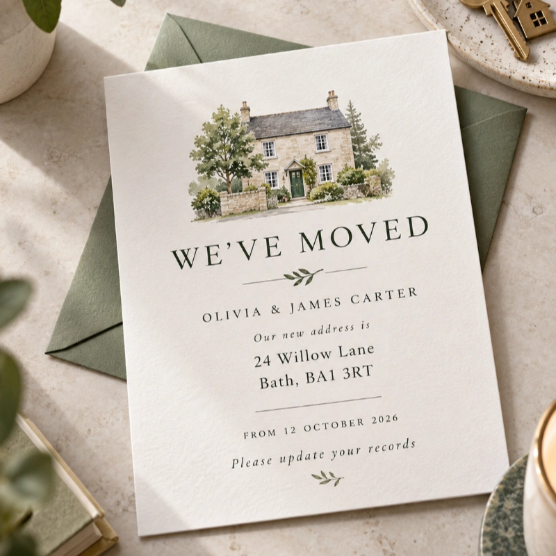 Printed We've Moved change of address card with a cottage illustration