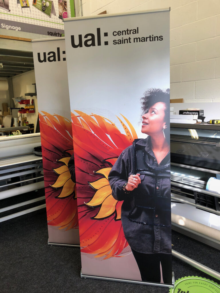 Printed UAL Central Saint Martins roller banners in our print room