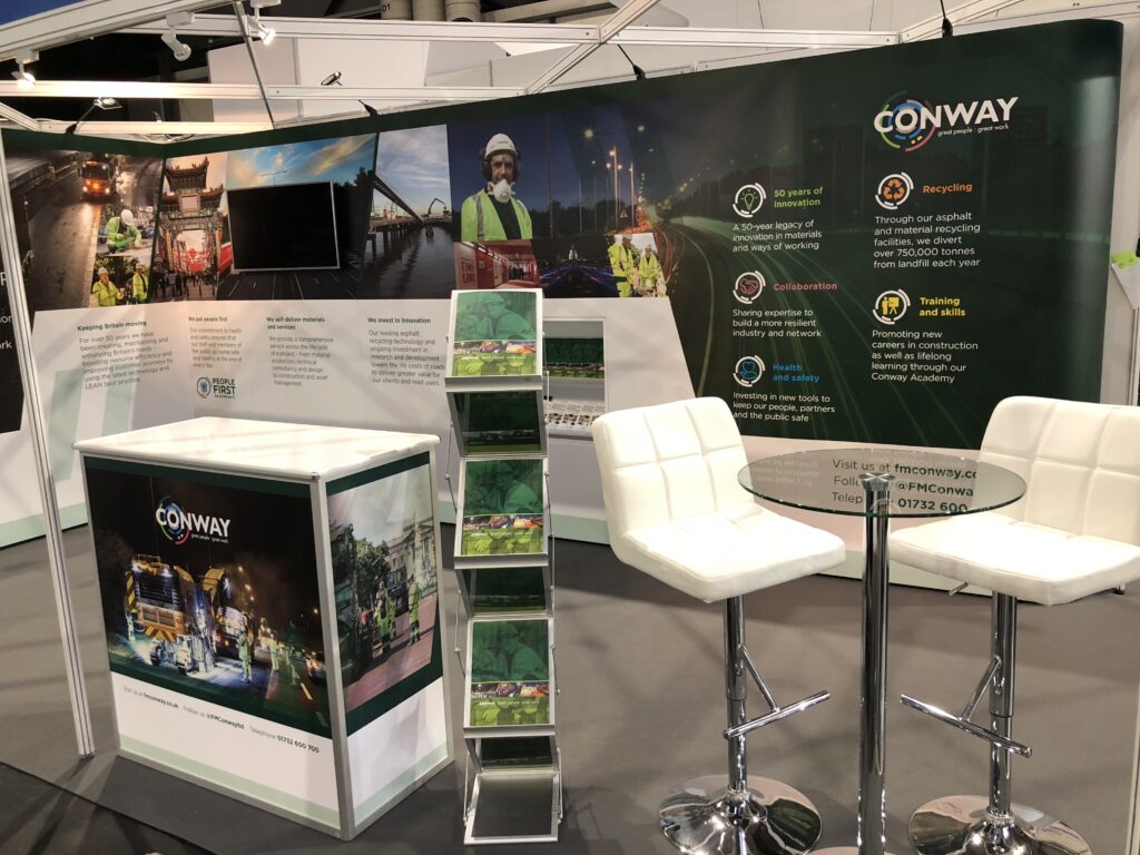 Conway exhibition stand with branded counter and leaflet stand