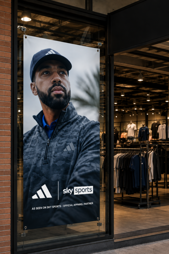 Large format adidas poster in a sports shop window