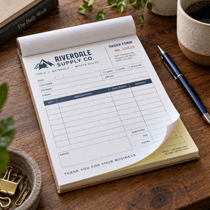 Printed NCR duplicate order pad with carbonless copy sheets