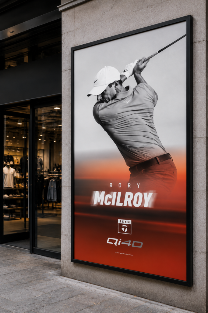 Large format poster of golfer Rory McIlroy in a shop window display