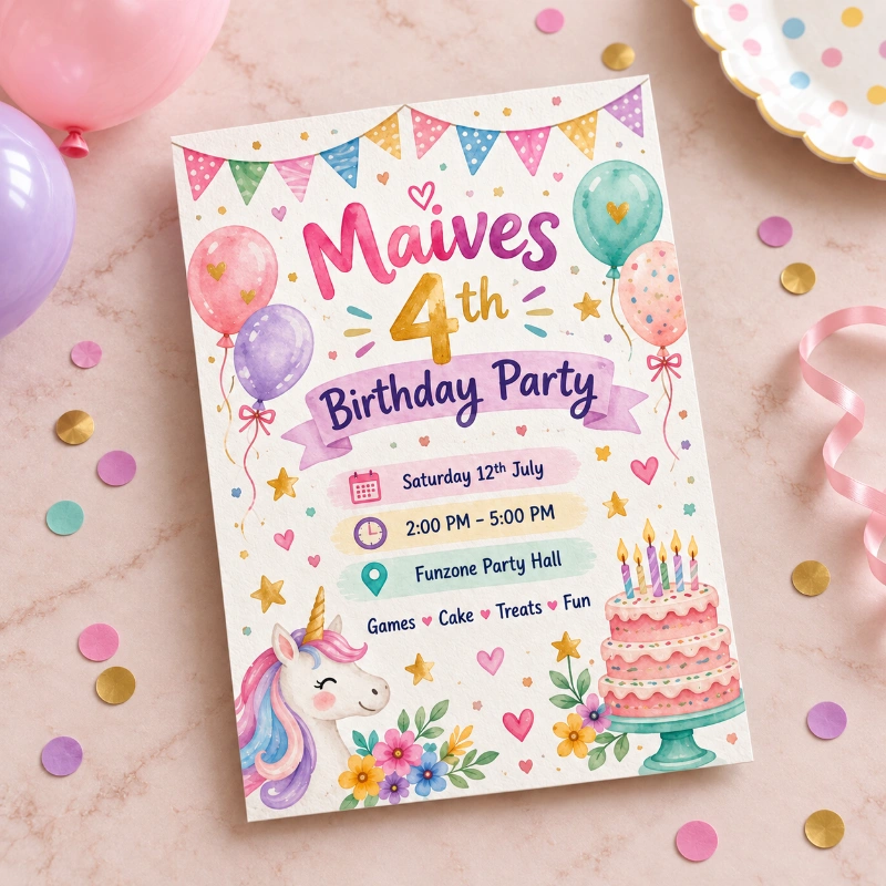 Printed children's birthday party invitation with balloons and bunting