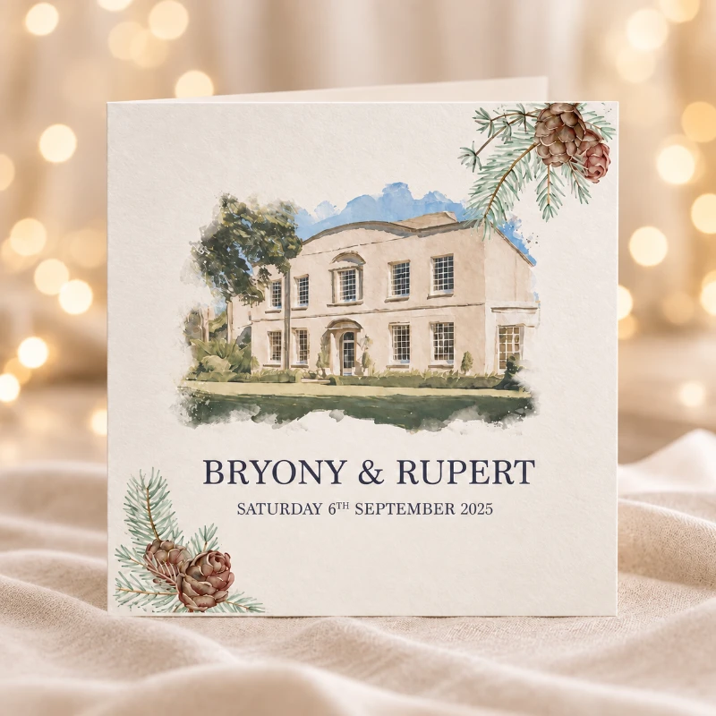 Watercolour wedding invitation printed with a manor house illustration