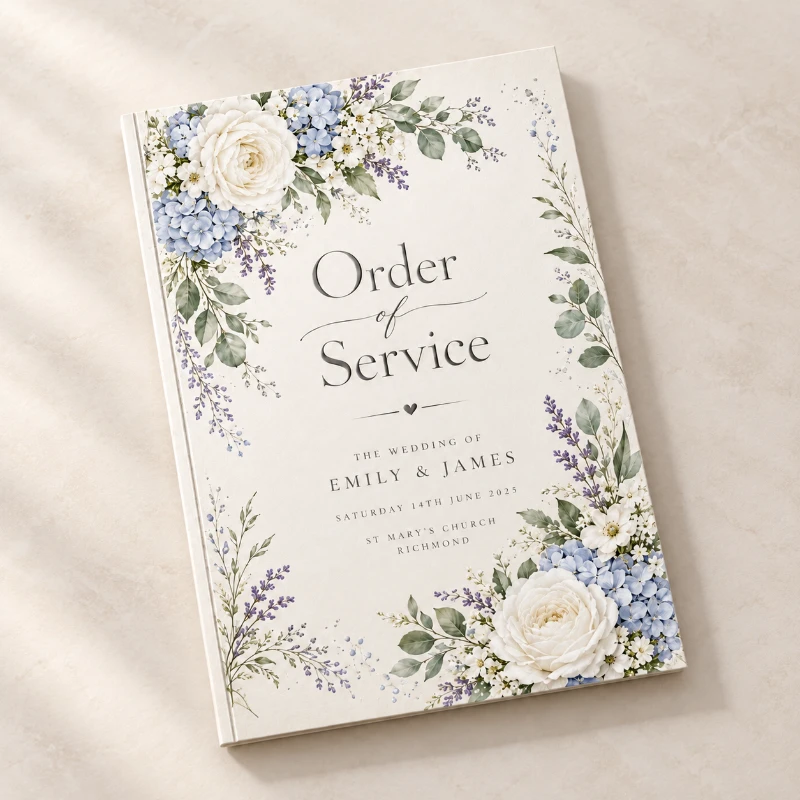 Printed wedding order of service with a floral border